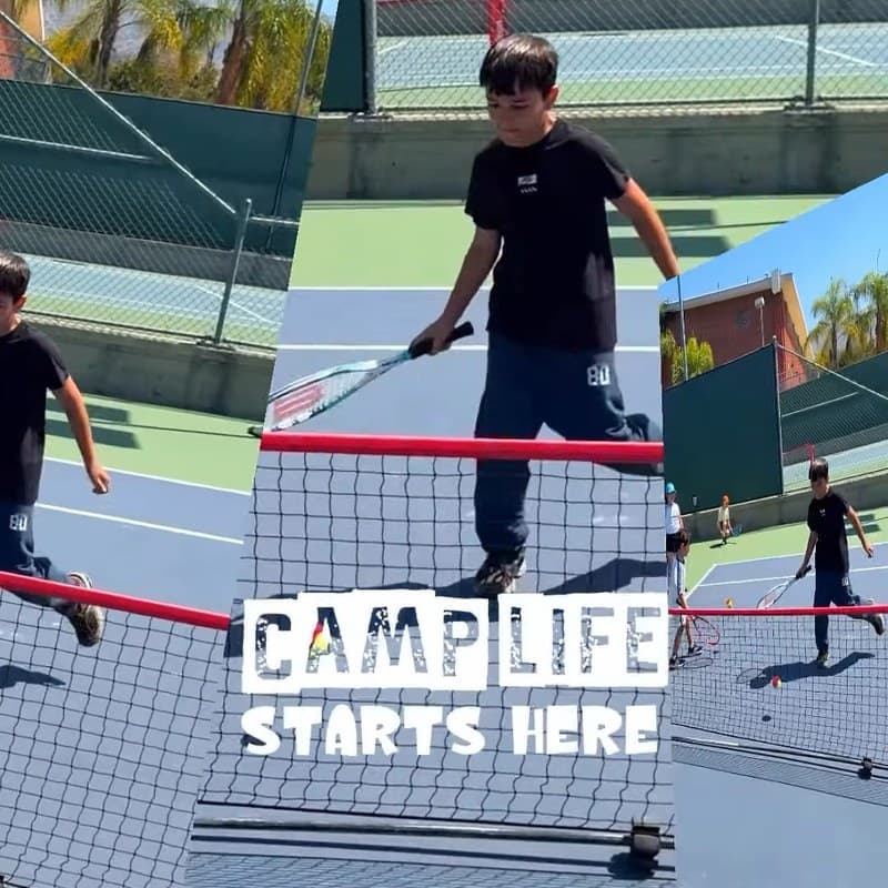 A camper at the tennis net — camp life starts here